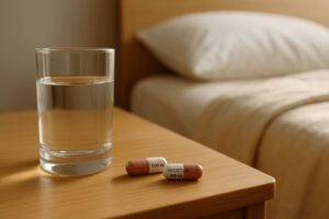 Amoxicilline 500 mg capsules met glas water op nachtkastje naast bed