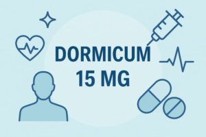 Medische illustratie met neutrale symbolen die de werking en toepassingen van DORMICUM 15 MG vertegenwoordigen.