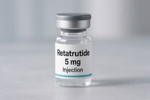 Glazen injectieflacon met Retatrutide 5 mg op een lichte achtergrond, gebruikt voor gewichtsverliesbehandeling.