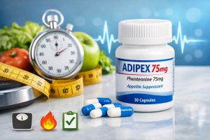 Adipex 75mg capsules voor gewichtsverlies met meetlint en gezonde voeding