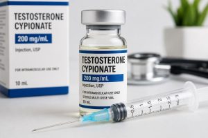 Testosterone Cypionate injectieflacon en spuit voor testosteronvervanging